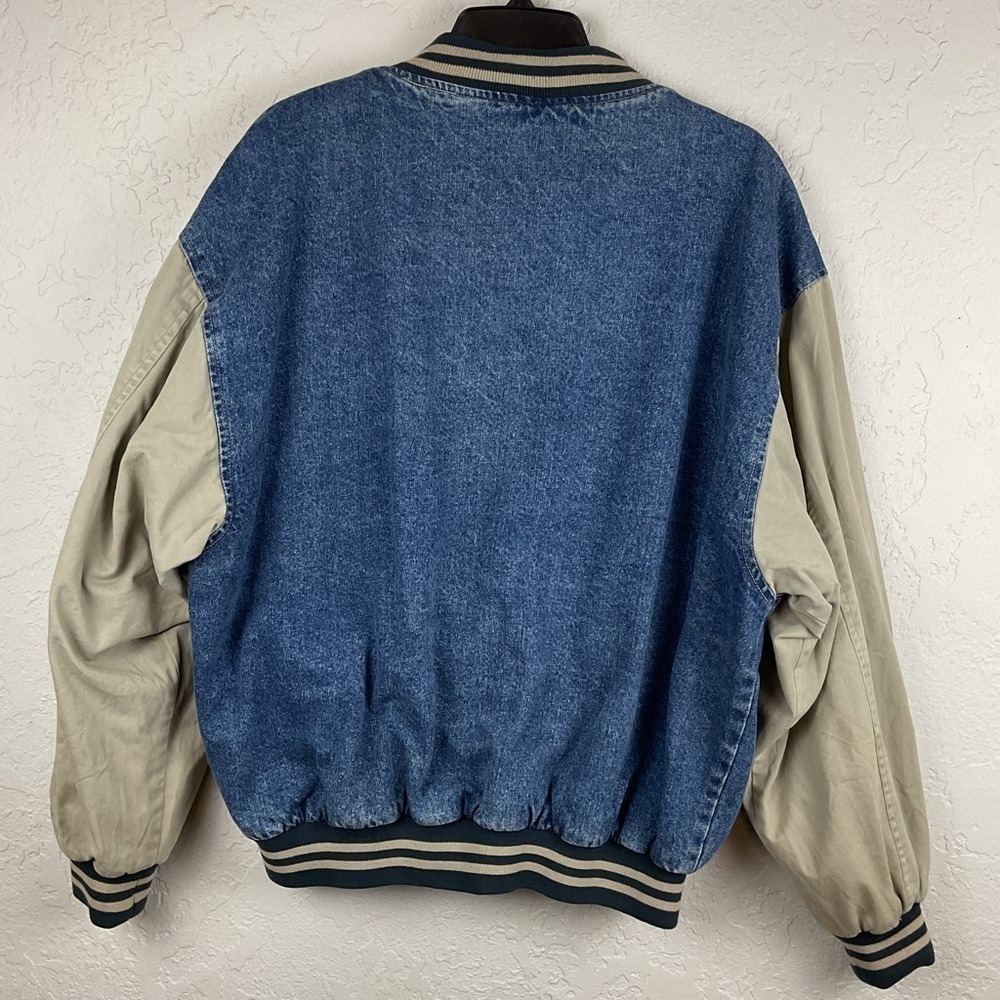 Men’s Vintage 90s Denim Canvas Bomber Style Basketball College Snap Up Coat - Picture 5 of 9